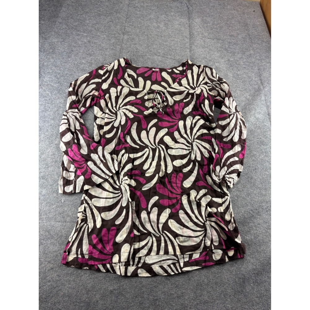 Merona VTG Y2K Cotton Floral Swirl Tunic Top Brown Pink Beaded Neck Womens M SEE